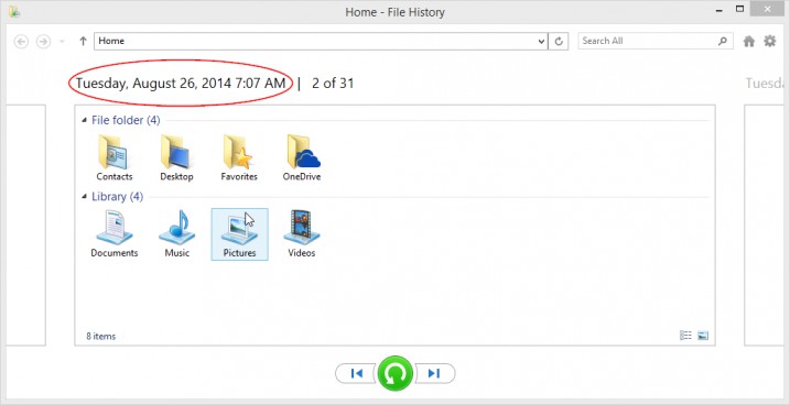 Restore Files With Windows 8 File History - File History -> Restore Files