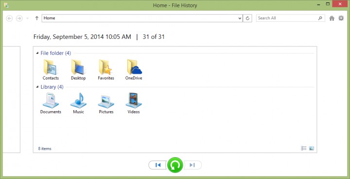 Restore Files With Windows 8 File History - File History -> Restore Files