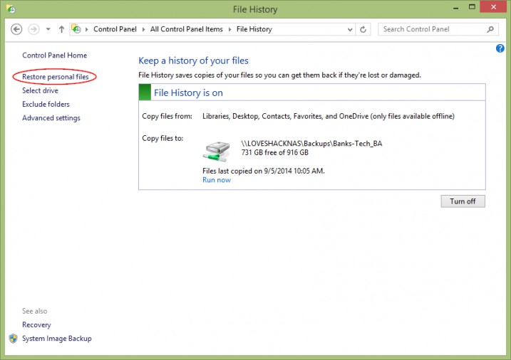 Restore Files With Windows 8 File History - File History